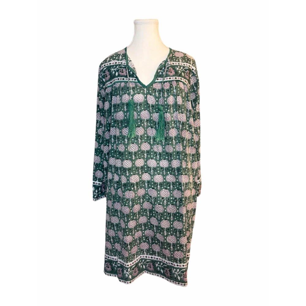 SZ Blockprints Green Cotton Tassel Tie Tunic Dress One Size - Picture 2 of 9